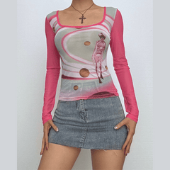 Square neck long sleeve cross back self tie print top