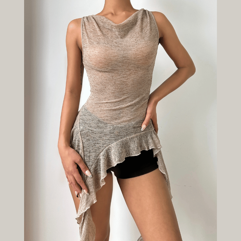 Cowl neck ruffle hollow out cut out top