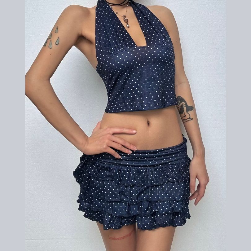 Halter v neck polka dot ruffle mini skirt set