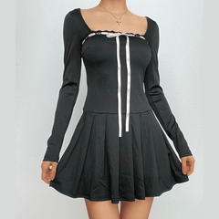 Lace hem square neck contrast long sleeve pleated mini dress-final-sale