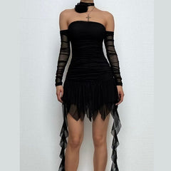 Off shoulder ruched long sleeve solid mini dress