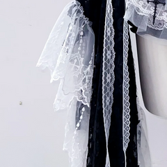 Long flared sleeve bowknot lace hem mini skirt set