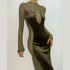 Long sleeve velvet mesh solid zip-up maxi dress-final-sale