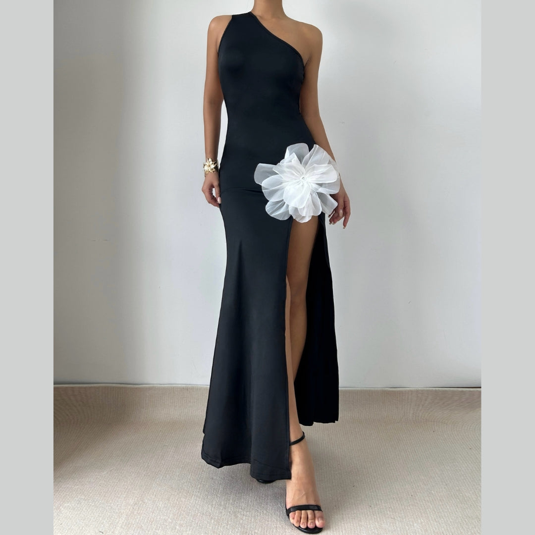 Flower applique one shoulder slit maxi dress