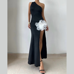 Flower applique one shoulder slit maxi dress