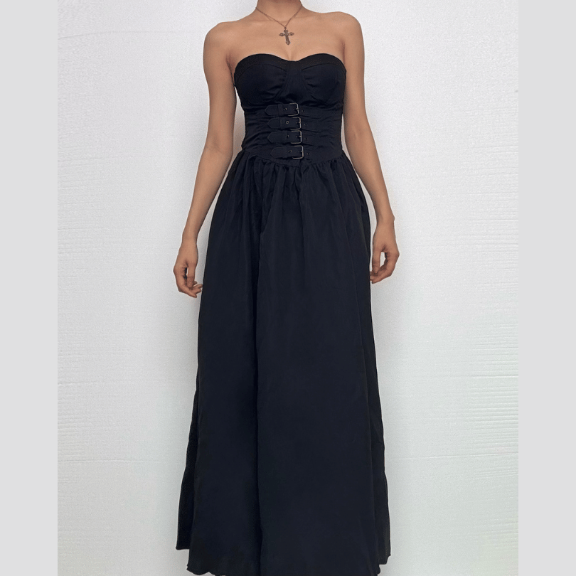 Buckle smocked sweetheart neck tube midi dress-final-sale