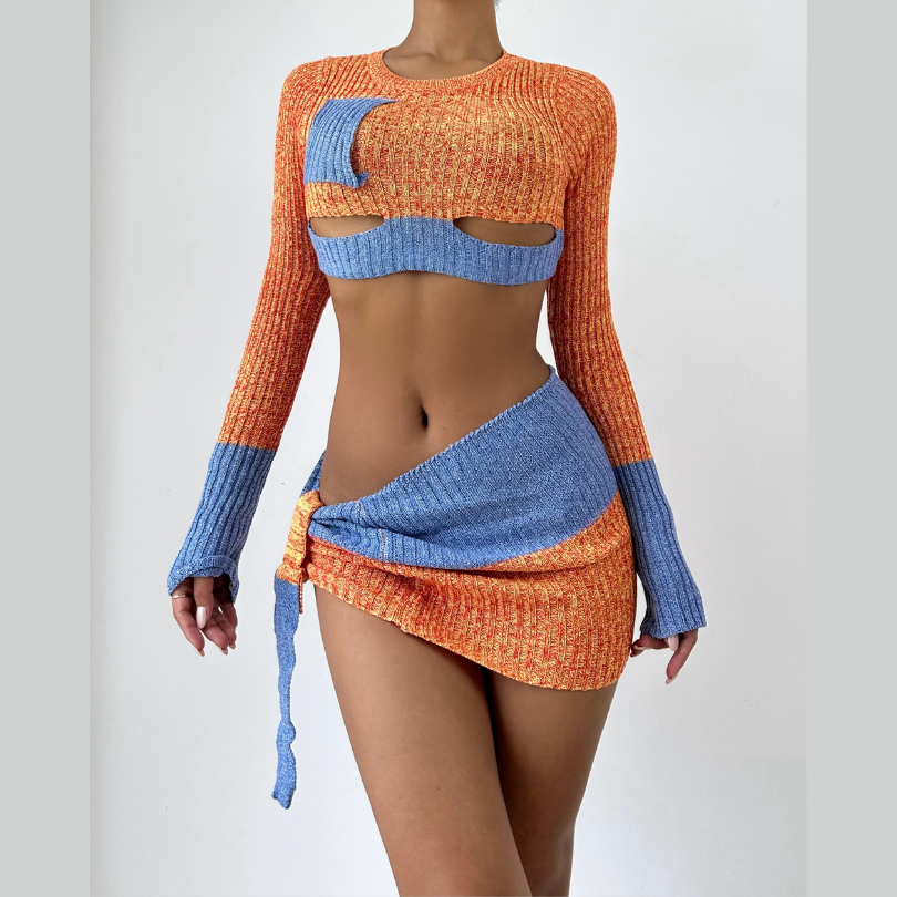 Knitted patchwork contrast long sleeve hollow out mini skirt set