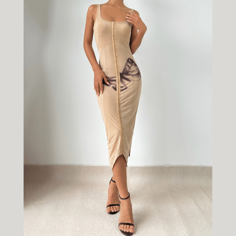 Square neck butterfly pattern tank midi dress