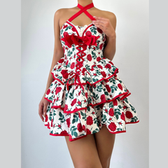 Bowknot flower print lace hem cross front mini dress