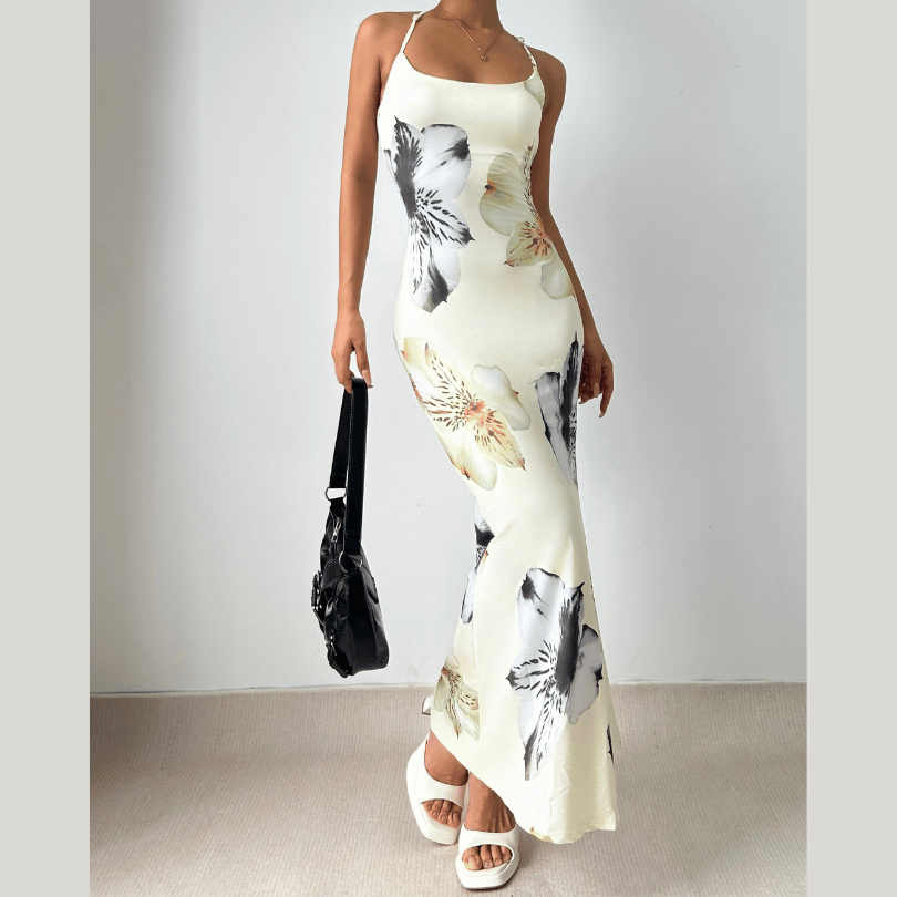 Flower print cross back lace up cami maxi dress