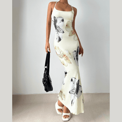 Flower print cross back lace up cami maxi dress