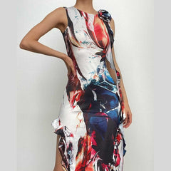 Ribbon sleeveless flower applique contrast print maxi dress-final-sale