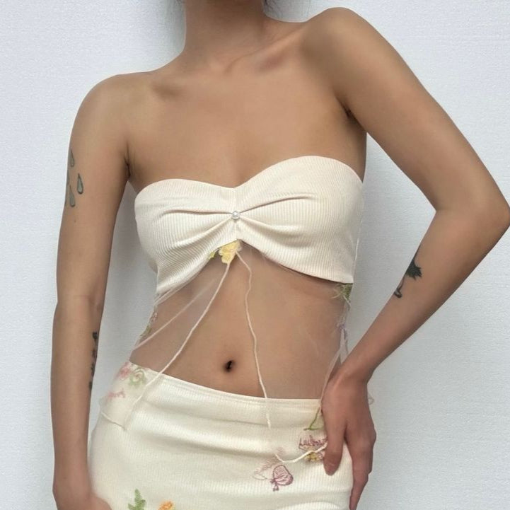Beaded ruched mesh embroidery tube top