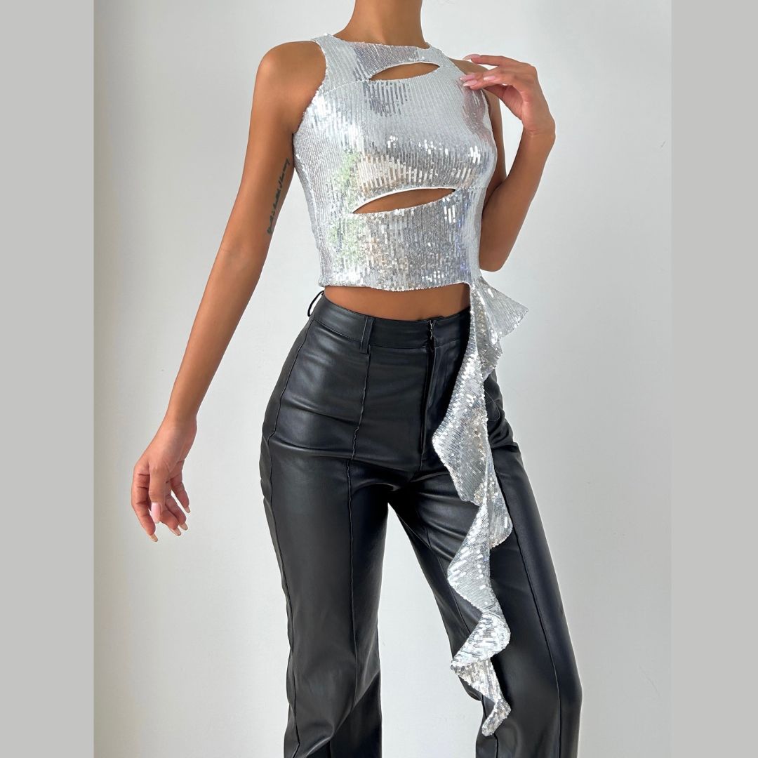 Crewneck glitter hollow out ruffle irregular crop cut out top