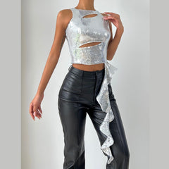 Crewneck glitter hollow out ruffle irregular crop cut out top