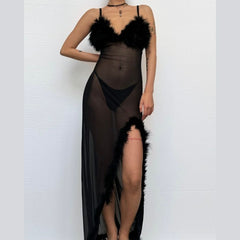 Fluffy v neck slit mesh irregular cami midi dress
