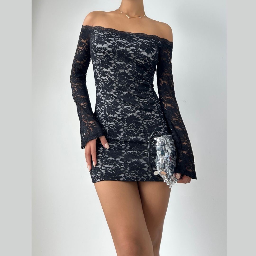 Lace long sleeve off shoulder solid mini dress