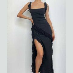 Ruffle cap sleeve slit square neck irregular solid maxi dress-final-sale