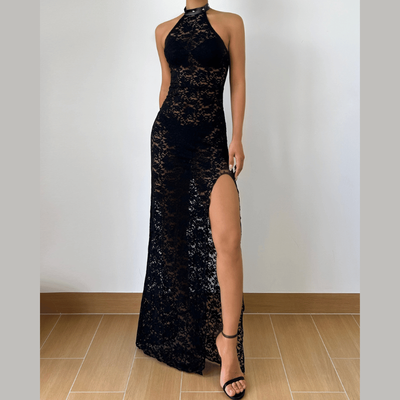 Halter self tie slit see through lace maxi dress