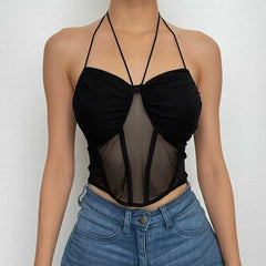 Halter self tie mesh backless ruched corset solid crop top