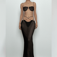 See through bowknot knotted hollow out cami maxi skirt set