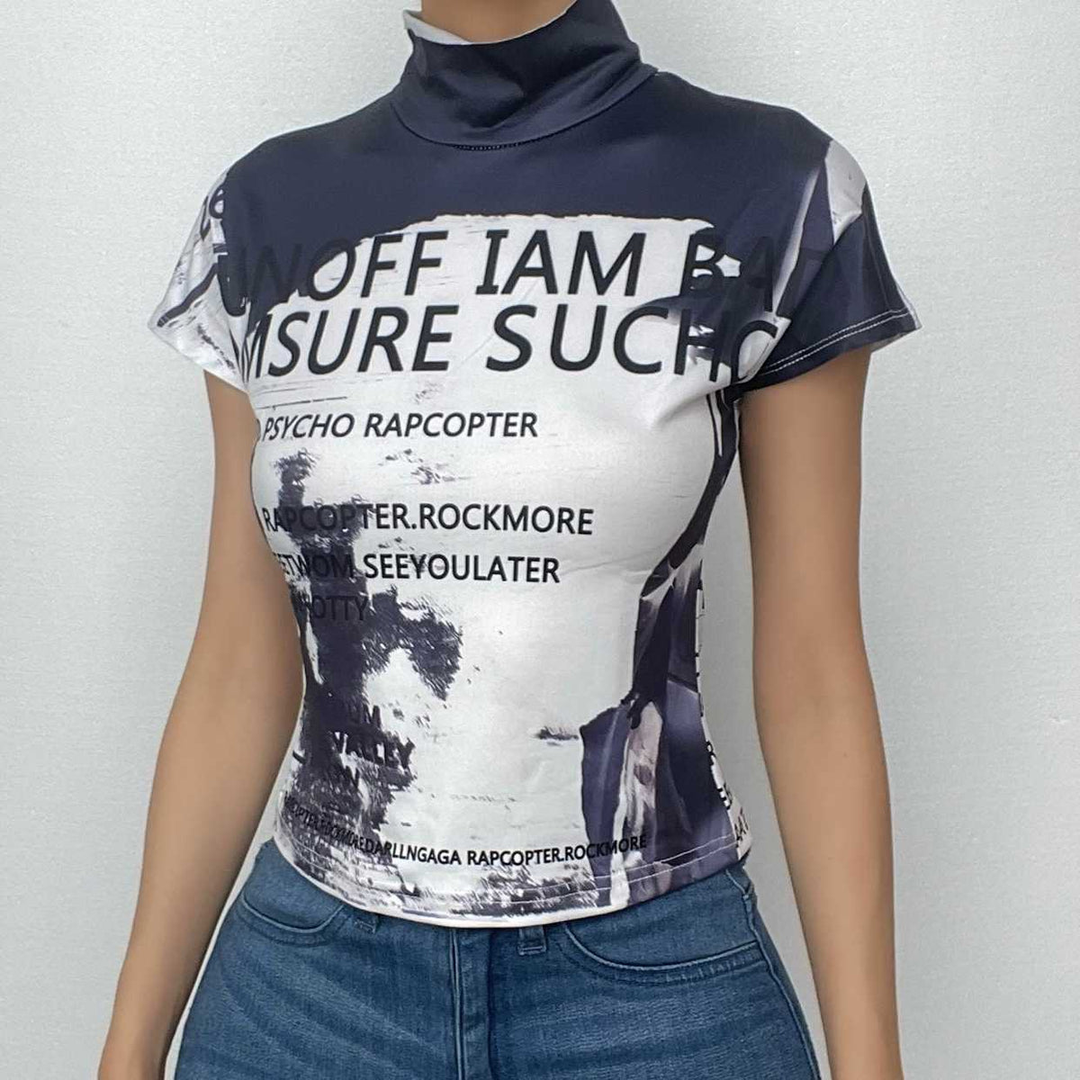 High neck short sleeve letter print contrast top-final-sale