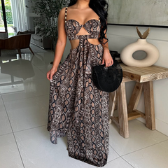 Snakeskin print hollow out cami cut out maxi dress