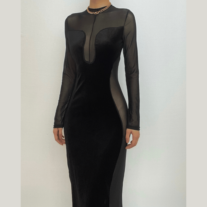 Long sleeve velvet mesh solid zip-up maxi dress-final-sale
