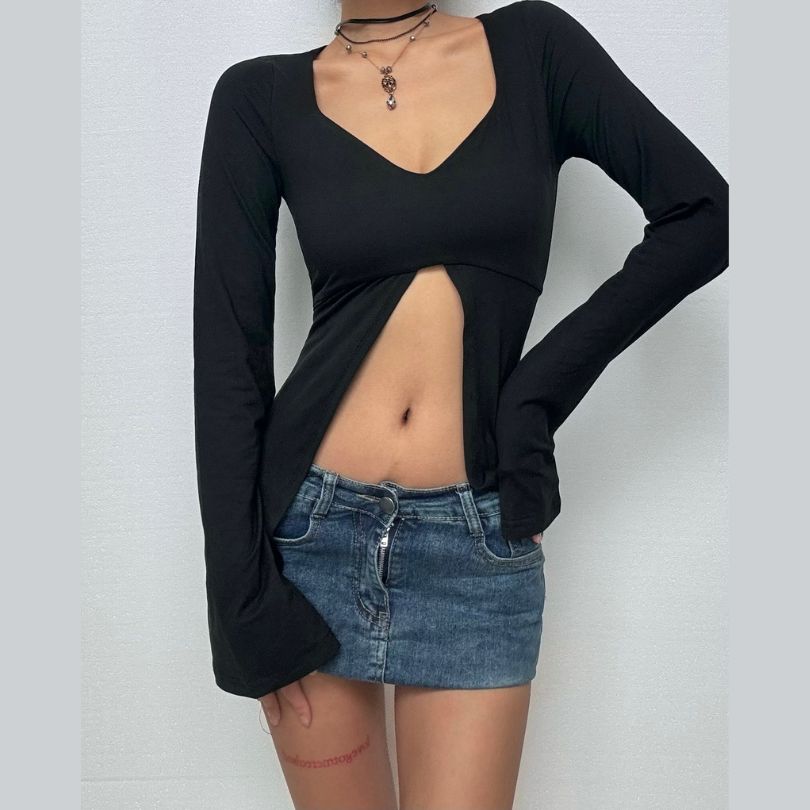 Long flared sleeve v neck ruched top