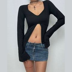 Long flared sleeve v neck ruched top