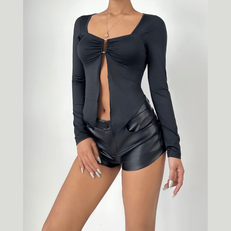 Long sleeve v neck ruched hollow out cut out top