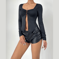 Long sleeve v neck ruched hollow out cut out top