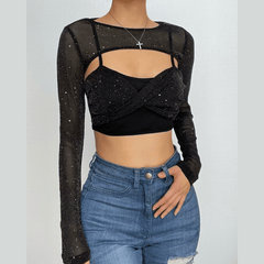 Textured long sleeve crewneck shrug 2 piece crop top