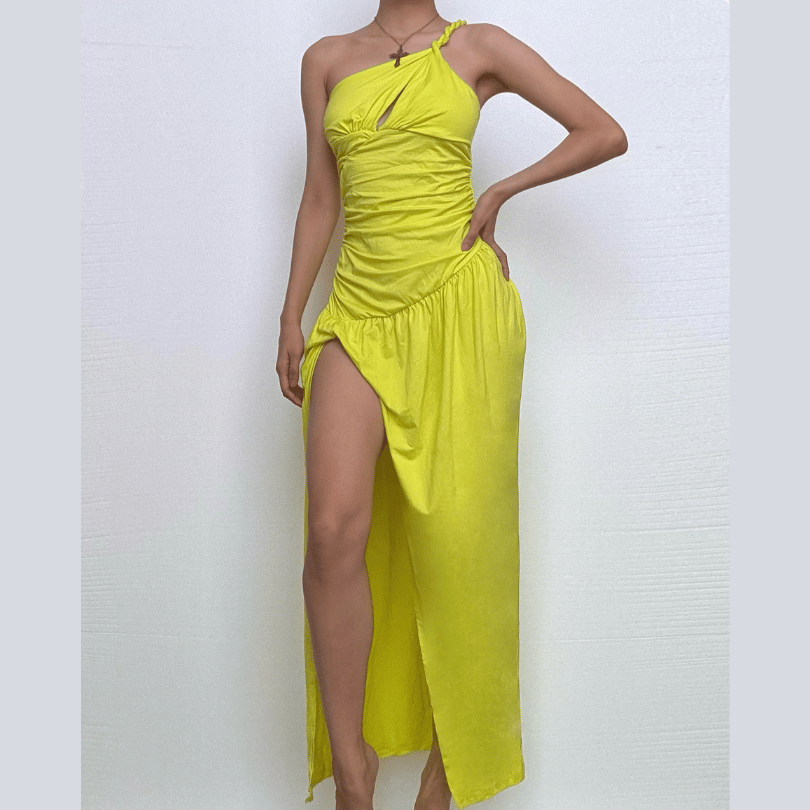 One shoulder slit ruched hollow out cut out midi dress-final-sale