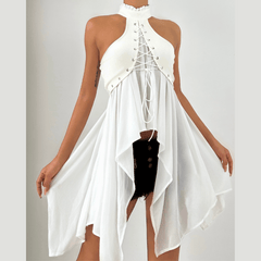 Crewneck lace up ruched solid top
