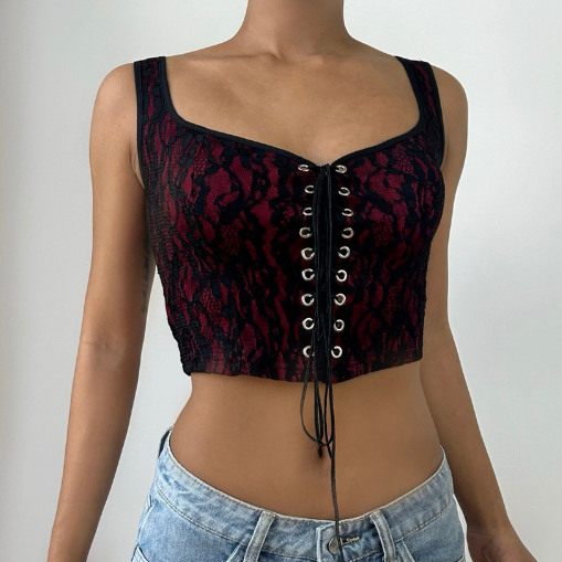 U neck lace up lace tank top