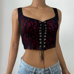 U neck lace up lace tank top