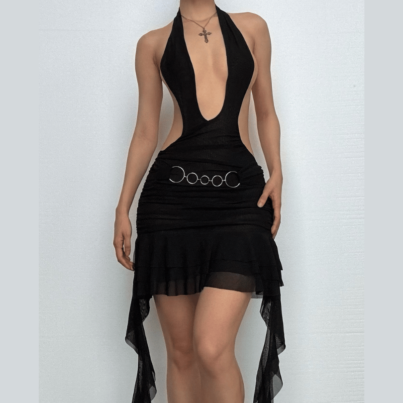 Halter ruffle o ring sheer mesh mini dress