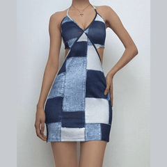 Halter patchwork denim hollow out cut out mini dress-final-sale