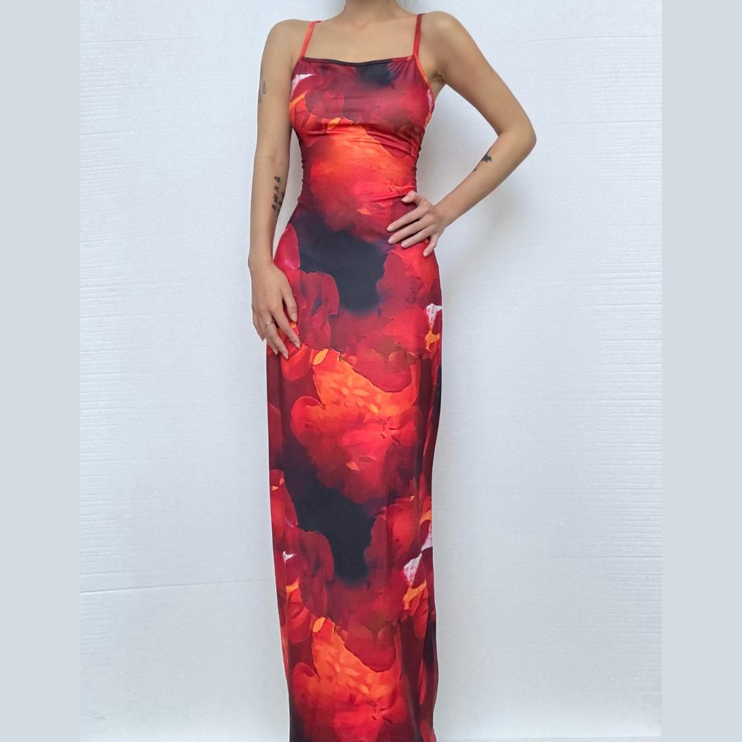 U neck print backless cami maxi dress
