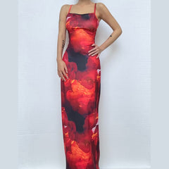 U neck print backless cami maxi dress