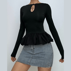 Ruched long sleeve round neck hollow out ruffle cut out top