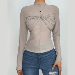 Ruched high neck zip-up long sleeve solid top-final-sale