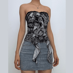 Leopard print ruffle lace hem tube top