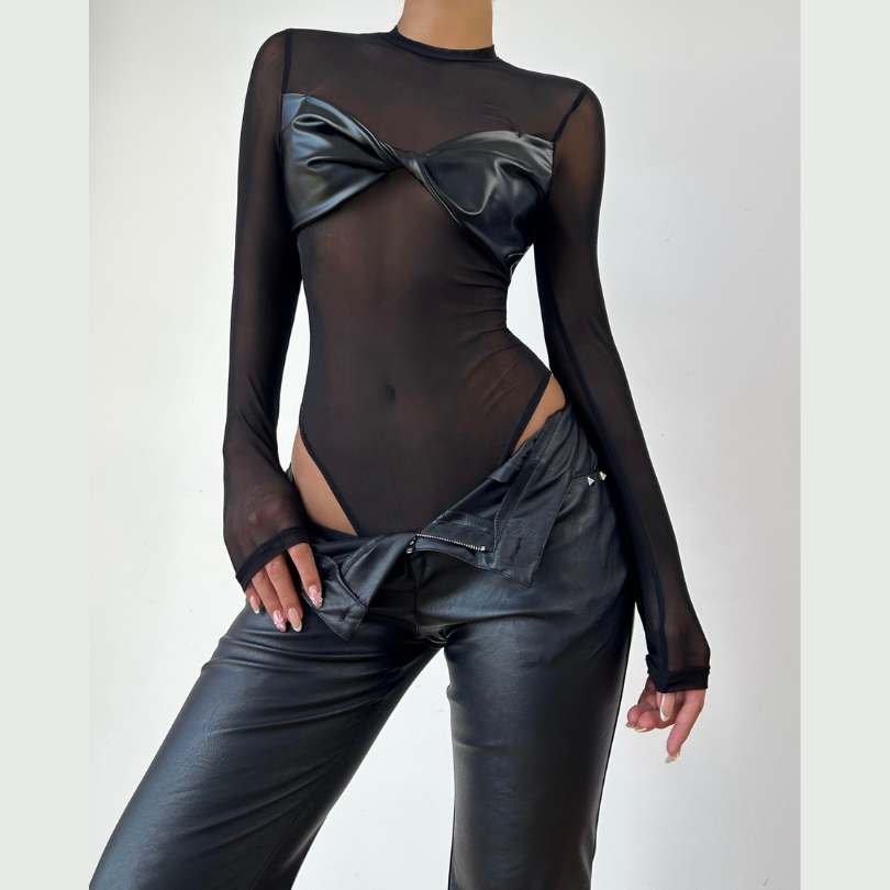 Crewneck long sleeve mesh PU leather bodysuit
