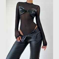 Crewneck long sleeve mesh PU leather bodysuit