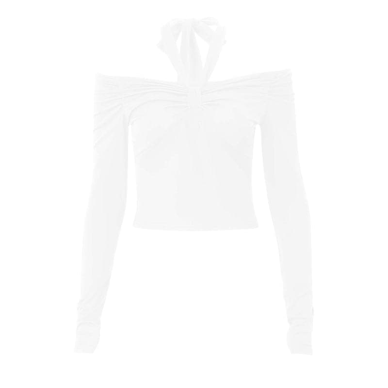 Long sleeve off shoulder halter ruched backless solid hollow out cut out top