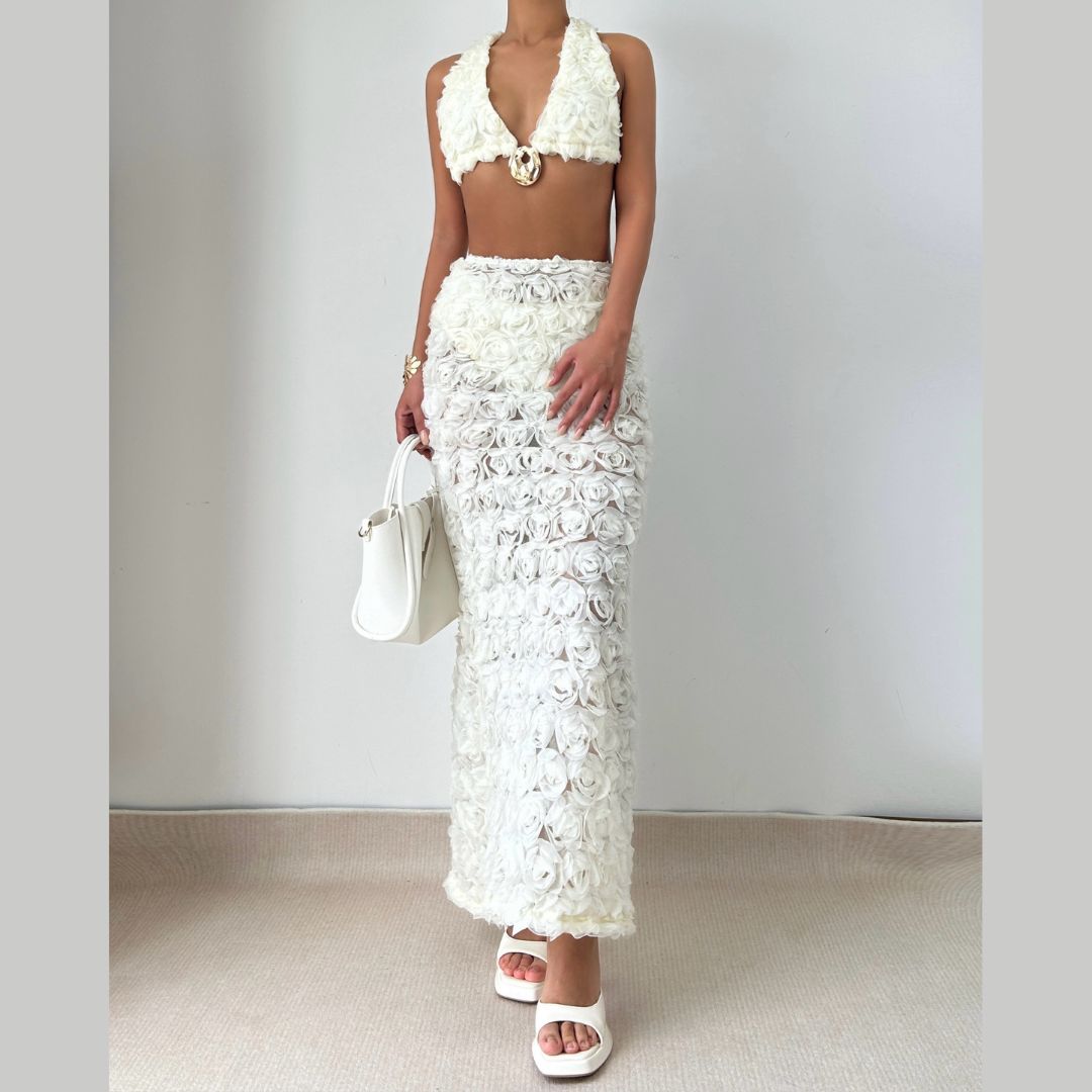 Halter v neck flower pattern 3 piece maxi skirt set