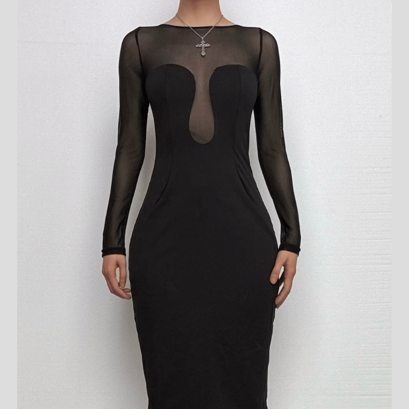 Long sleeve mesh patchwork button midi dress-final-sale