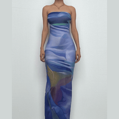 Contrast print backless sleeveless tube maxi dress